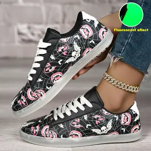 Glow-in-the-Dark Low Top Lace Up Microfiber Synthetic Leather Skateboard Shoes - Non Slip, Bat Skull Spider Web Pattern, Unisex, Casual, Trendy for Halloween - Breathable Fabric Inner, Rubber Sole, Striped Design
