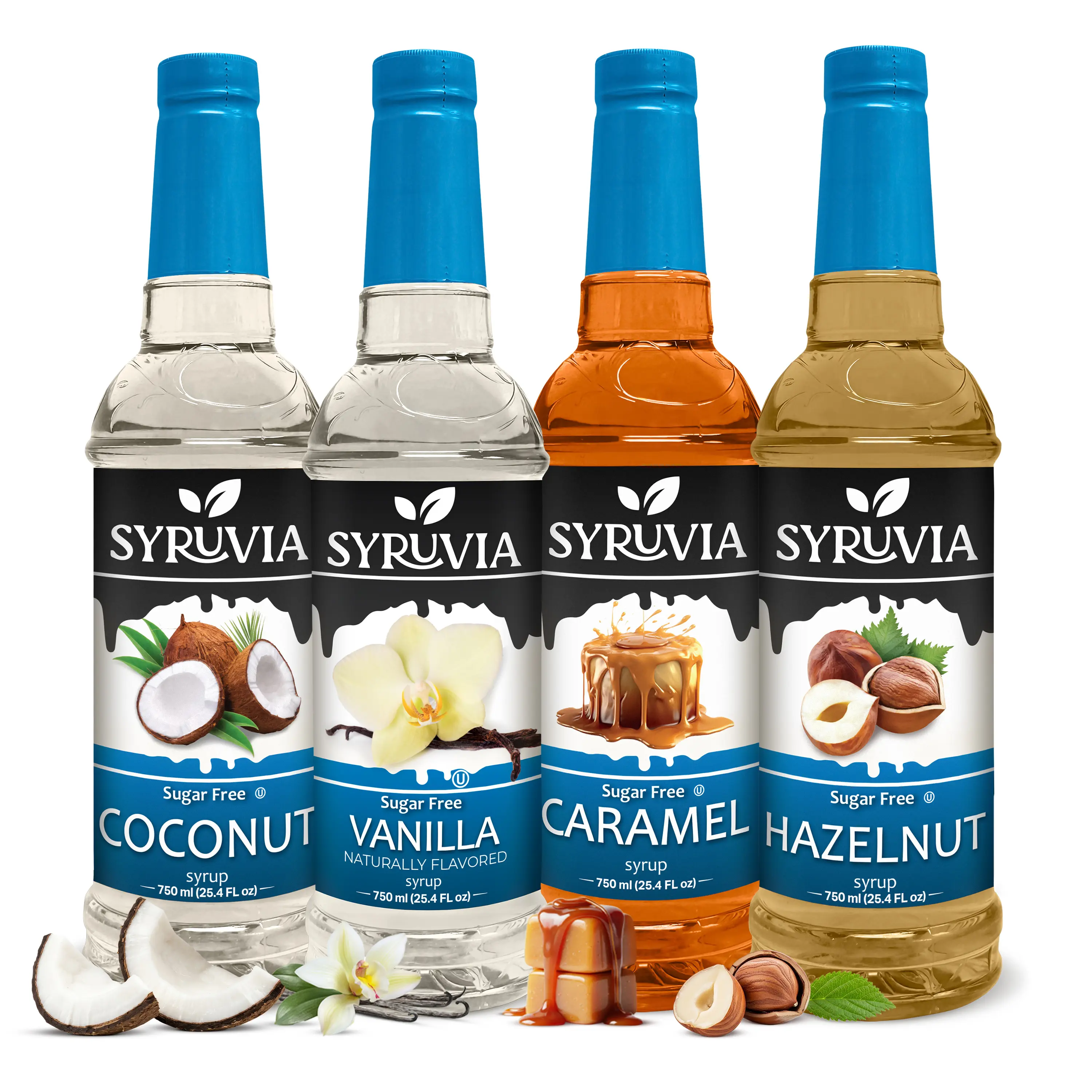 Syruvia No Sugar Added Sweet Creamy Coffee Syrup Variety Pack - Coconut, Vanilla, Caramel, Hazelnut Flavors - Gluten-Free, Kosher, 25.4 fl oz Bottles - 4-Pack for Coffee, Lattes, Beverages