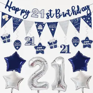 21st Birthday Decorations Silver Blue,21st Birthday Balloons Number 16 Foil Balloons Balloon Set Happy Birthday Banner with Star star Balloons and flag pulling for woman man 21 Party Decoration