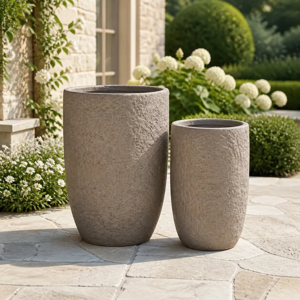 Round Concrete Planter Set of 2 Large Outdoor Indoor Handmade Rustic Decorative Flower Pots with Drainage Holes for Home Garden Patio, 14x22 & 17x26 Inches, Coffee Magnesium Oxide, Coffee Color Options, Magnesium Oxide Material