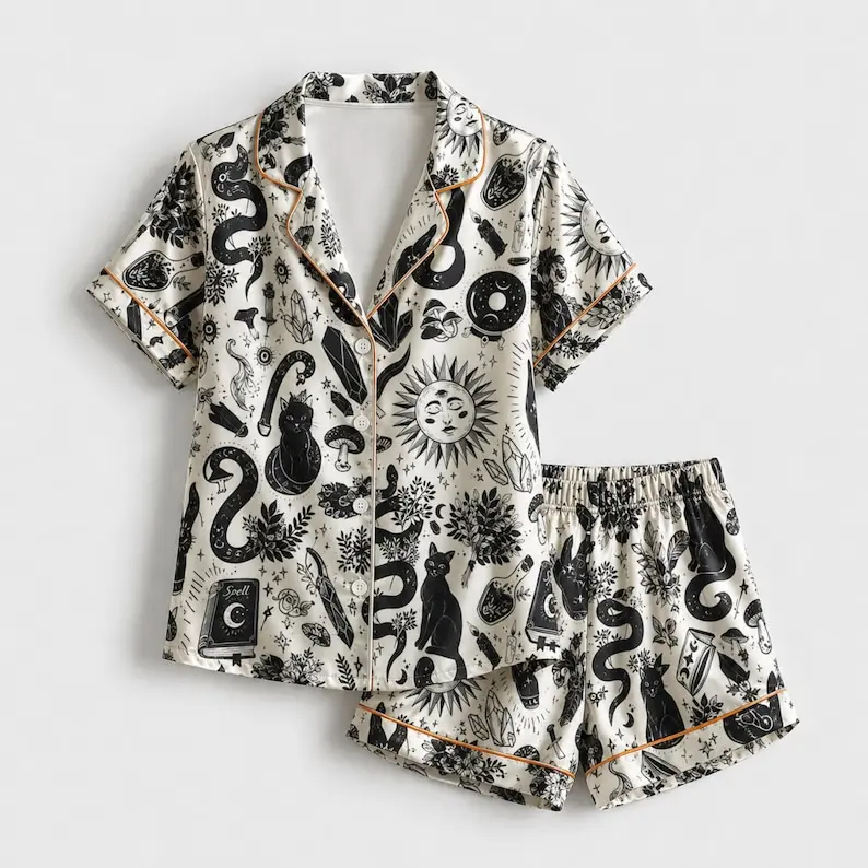 Mystical Black Magic Celestial Satin Pajama Set, Sun Moon and Cat Print Cream Sleepwear for Women