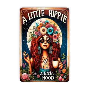 Vintage Style Hippie Wall Art Decorative Plaque - "A Little Hippie, A Little Hood" 8x12 in Metal Tin Sign, Pre-Drilled for Hanging, Suitable for Home, Bar Decor