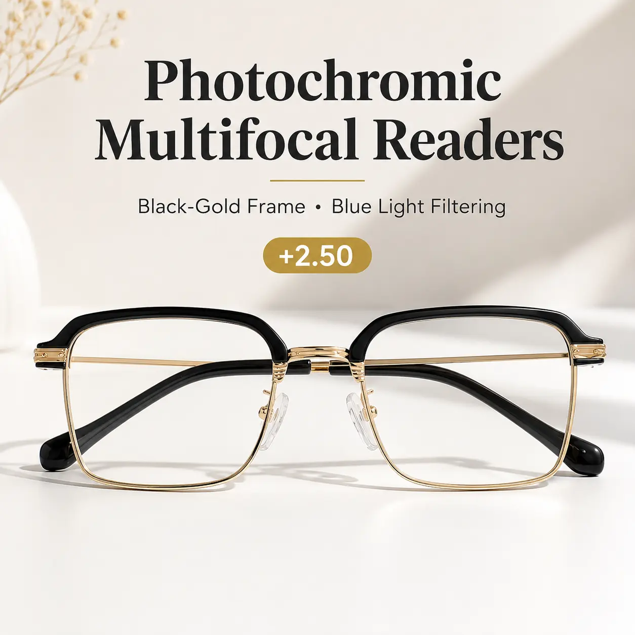 Progressive Reading Glasses +250, Blue Light Blocking Photochromic Readers for Phone Computer Reading