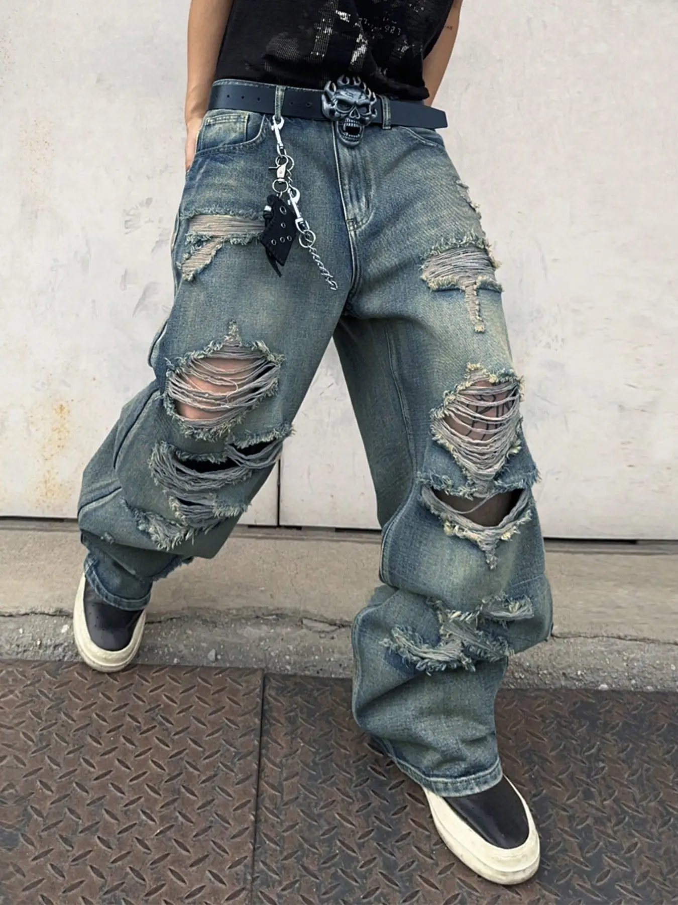 2026 Summer New Men's Loose-Fitting Distressed Trendy Breathable Comfortable Wide-Leg Jeans Pants, Fashionable and Versatile Denim Jeans, Streetwear Menswear
