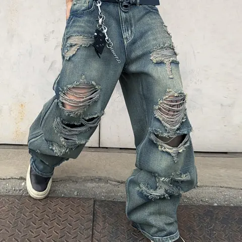 2026 Summer New Men's Loose-Fitting Distressed Ripped Knee Trendy Breathable Comfortable Wide-Leg Jeans Pants, Fashionable and Versatile Denim Jeans, Streetwear Menswear