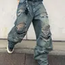 2026 Summer New Men's Loose-Fitting Distressed Ripped Knee Trendy Breathable Comfortable Wide-Leg Jeans Pants, Fashionable and Versatile Denim Jeans, Streetwear Menswear