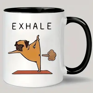 Exhale Yoga Pug Ceramic Mug - "Relaxation in a Cup" Design with Pug in Tree Pose, Perfect for Coffee & Tea Lovers, Hand Wash Only, White with Black Handle, Coffee Bar Accessories