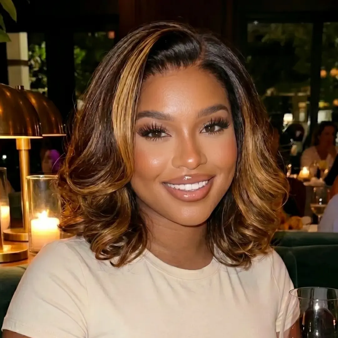 UNice Glueless Balayage Brown Highlight Human Hair Lace Closure Wig, 7x5 HD Lace Side Part Body Wave Bob, Drawstring Natural Hairline, Brunette Body Wavy Bodywave Glueless Wigs, Body Wavy Wigs