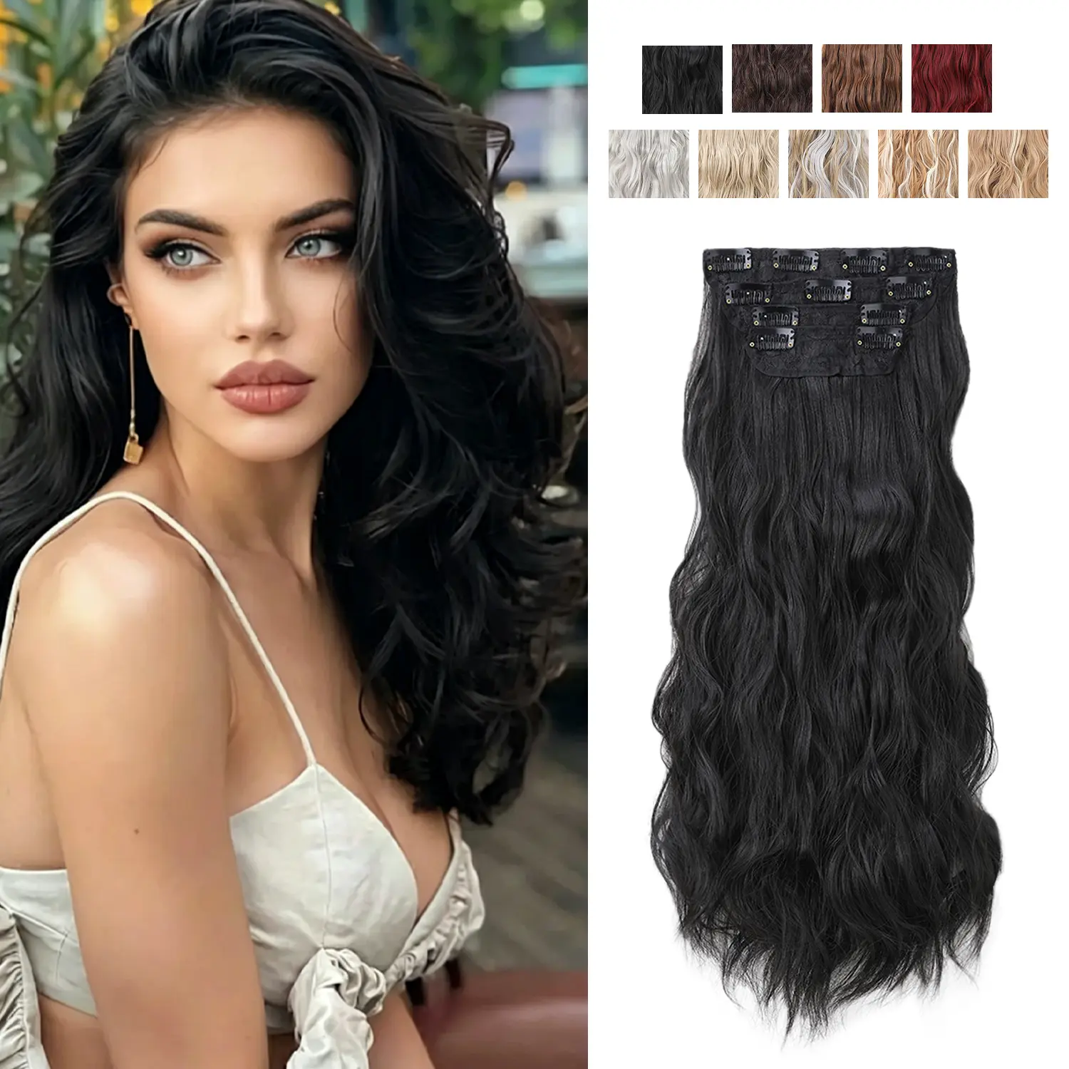 Clip in Natural Hair Extensions Long Wavy Curly 4PCS Thick Hairpieces Dark Ash  Honey Blonde Mixed Light Brown Double Weft Synthetic 16/20 /24Inch for Women