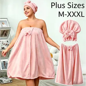 Plus Size Bath Skirt & Shower Cap Set, 2 Pcs Adjustable Thickened Coral Fleece Spa Wrap & Quick-Dry Cap, Soft & Absorbent Bathrobe for Home, Travel & Sauna