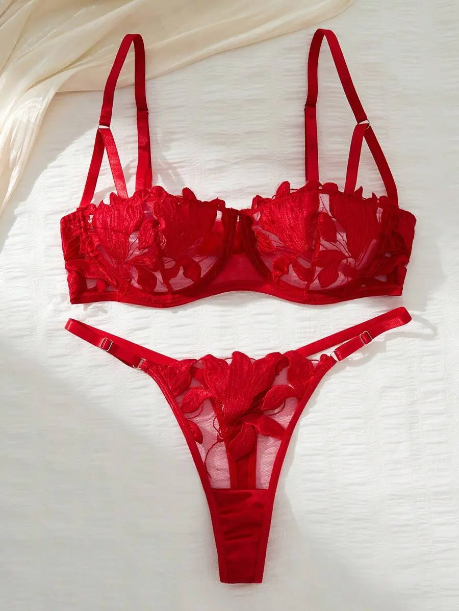 2pcs Sexy Maple Leaf Lace Bralette Lingerie Set, Semi-Sheer