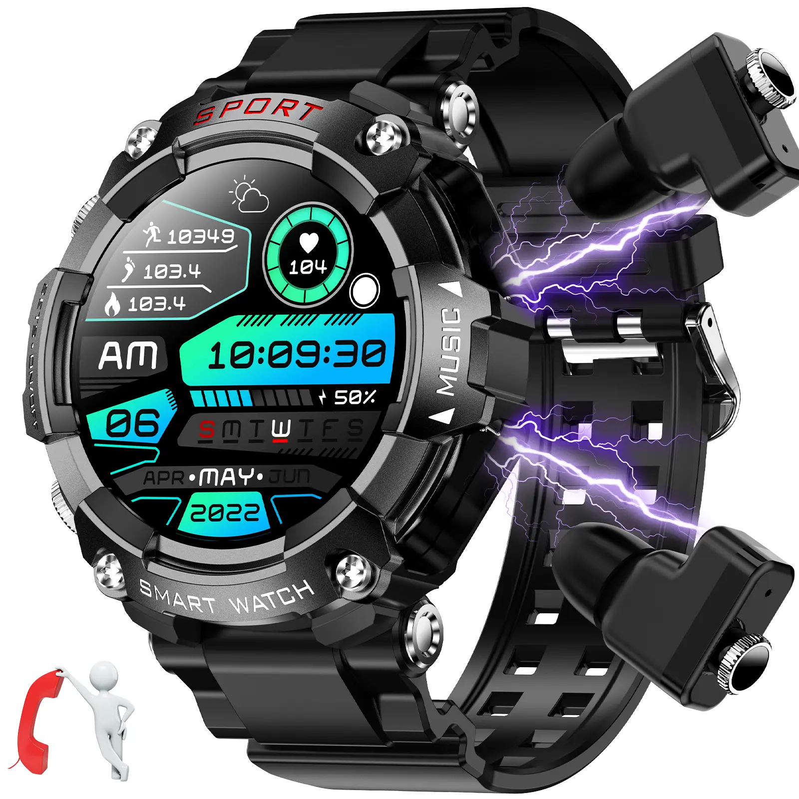 Innovative 2-in-1 Smartwatch with Wireless Earphones for Men Women, 1.52'' HD Touch Screen Smart Watch (Bluetooth Calls), Sports Fitness Tracker with Music Control, Cool Tech Wearable Gift Compatible with iOS Android Black Wristwatch