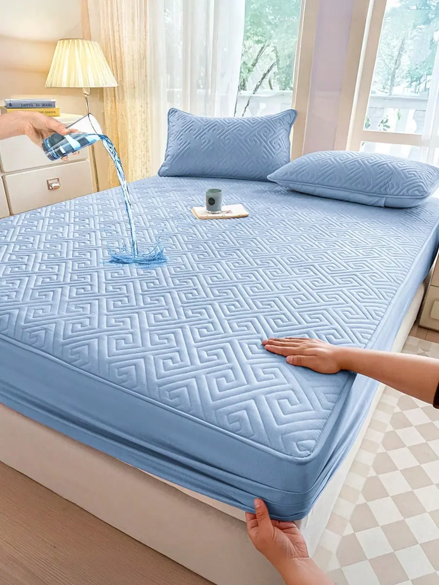 Solid Blue Palace-Style 1-Piece Waterproof Fitted Mattress Protector - Silent, Soft, Breathable, Wrinkle-Resistant Bed Cover for Bedroom Decor, Multi-Size Including 198*203cm/77.95*79.92inch