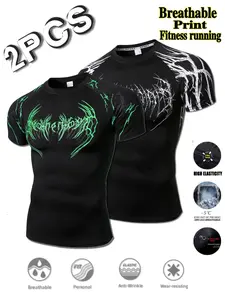 Men's Gothic Thorn Print Tight Fit Quick-Dry T-Shirts, High Elasticity Breathable Fabric, Ideal for Fitness, Sports, Streetwear