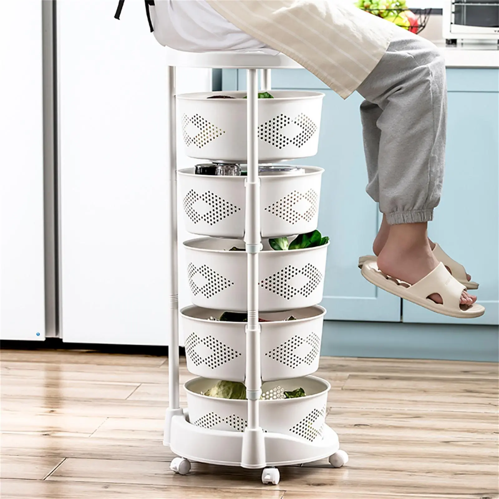 White Round 5-Tier PP Plastic Standing Household Storage Shelf Rack - 360° Rotatable, Durable, Adjustable, Corrosion-Resistant, Space-Saving Organizer with Fruit Vegetable Baskets, Mount-Compatible, Easy Installation for Kitchen, Room Decor, Smooth, Displ