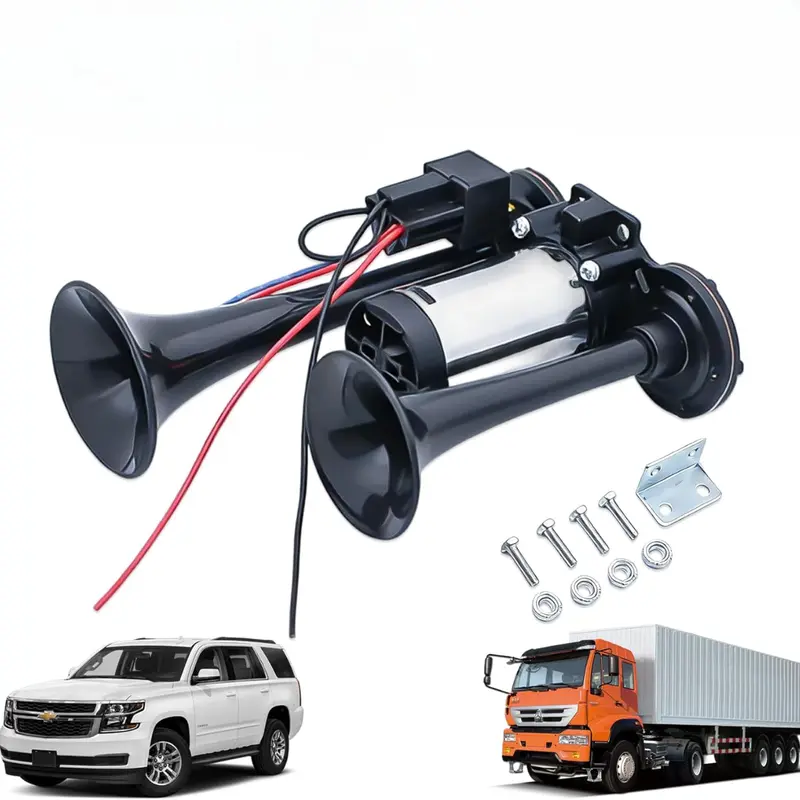 Air Train Horn Kit with Compressor, Super Loud 12V Dual Trumpet Air Horn Kit for Truck Car Pickup Trains Lorrys, Easy to Install & Waterproof and Durable (12V Black)