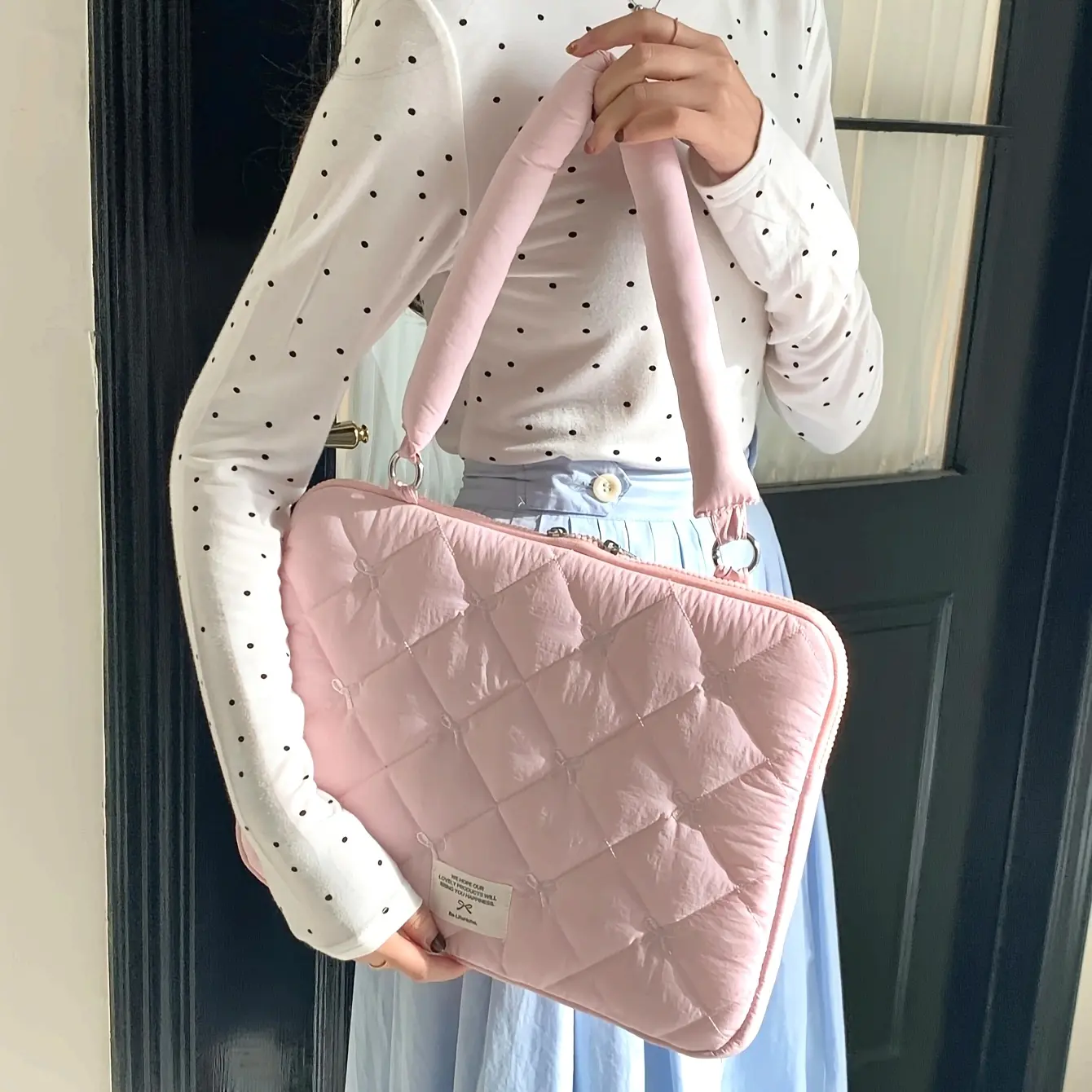 Korean Fashion Embroidering Bow Laptop Shoulder Handbag - Zipper Closure Liner Bag for Daily Use, Compatible with 13/14inch, 15-15.6inch MacBook, Functional Purse