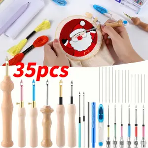 35 Pcs Punch Needle Kit, Adjustable Punch Needle Embroidery Kits Include Wooden Handle Embroidery Pen Set, Big Eye Needles, Punch Needle Cloth - Valentines Gifts for Adults