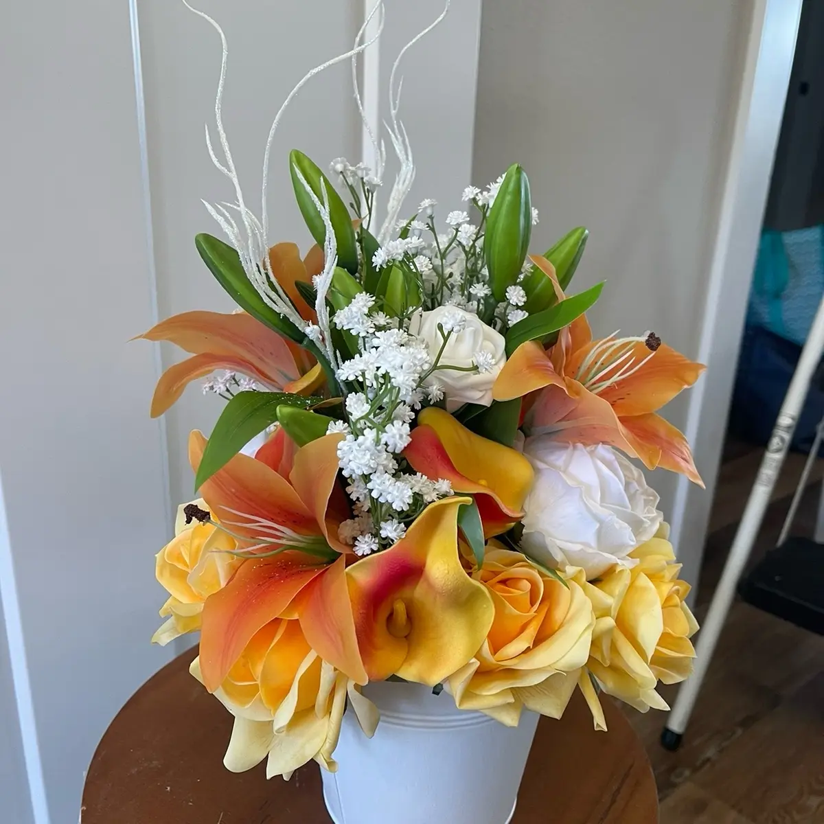 Shore Southern Original Sunshine Bucket, Artificial Flower Arrangement made with Real Touch Lilies, yellow and white roses with baby’s breath in a white metal bucket