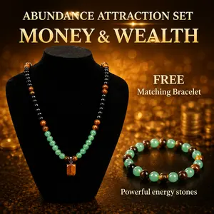 Money Attraction Necklace Set with Green Aventurine & Tiger Eye Pendant Healing Crystal Stone ,Matching Bracelet Wealth Abundance Crystal Jewelry Gift for Men Women