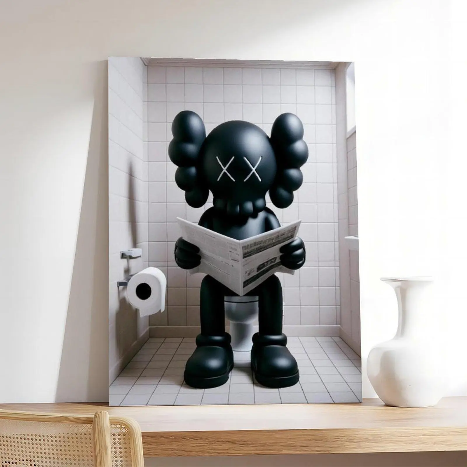 Black Cartoon Character Bathroom Canvas Wall Art, Funny Toilet Poster, Modern Pop Art Decor, Canvas Poster or Framed Canvas Wrap for Bedroom Bathroom