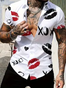 Short-sleeved shirt with white background, lip print, and heart print, featuring a trendy and casual style, Menswear Top Collared