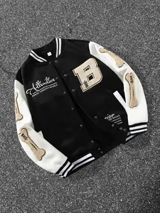 American Vintage Velour Embroidered Bone Patch Animal Baseball Jacket, High Street Trendy Big B Letter Loose Streetwear Coat Unisex