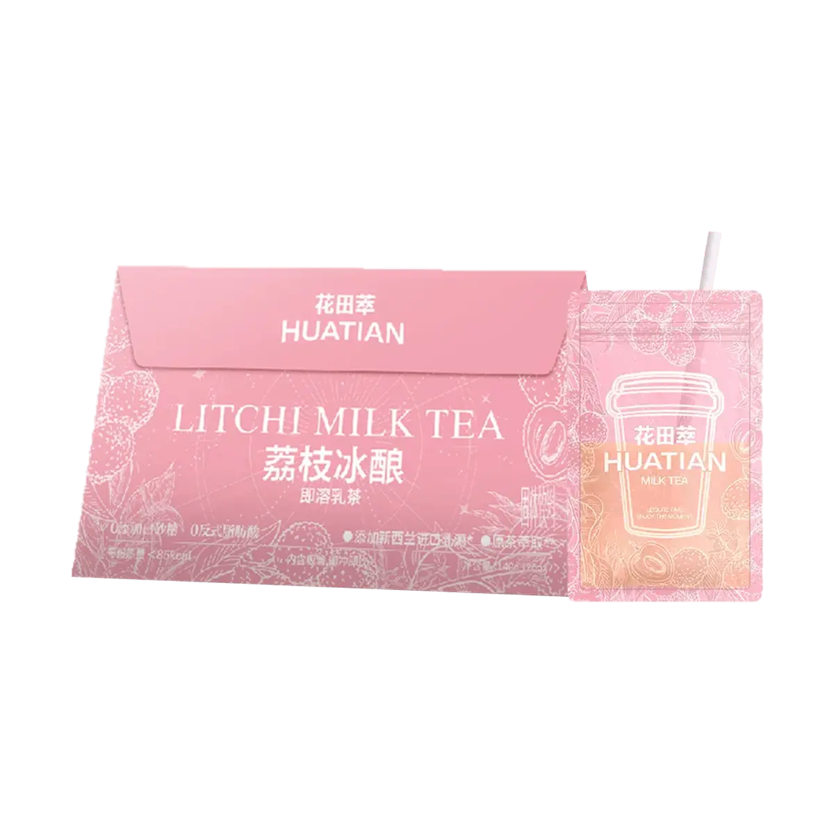 HUATIAN Lychee Brewed Instant Milk Tea - 7 Bags (140g) | Low Calorie, Zero Sugar, Fruity & Refreshing