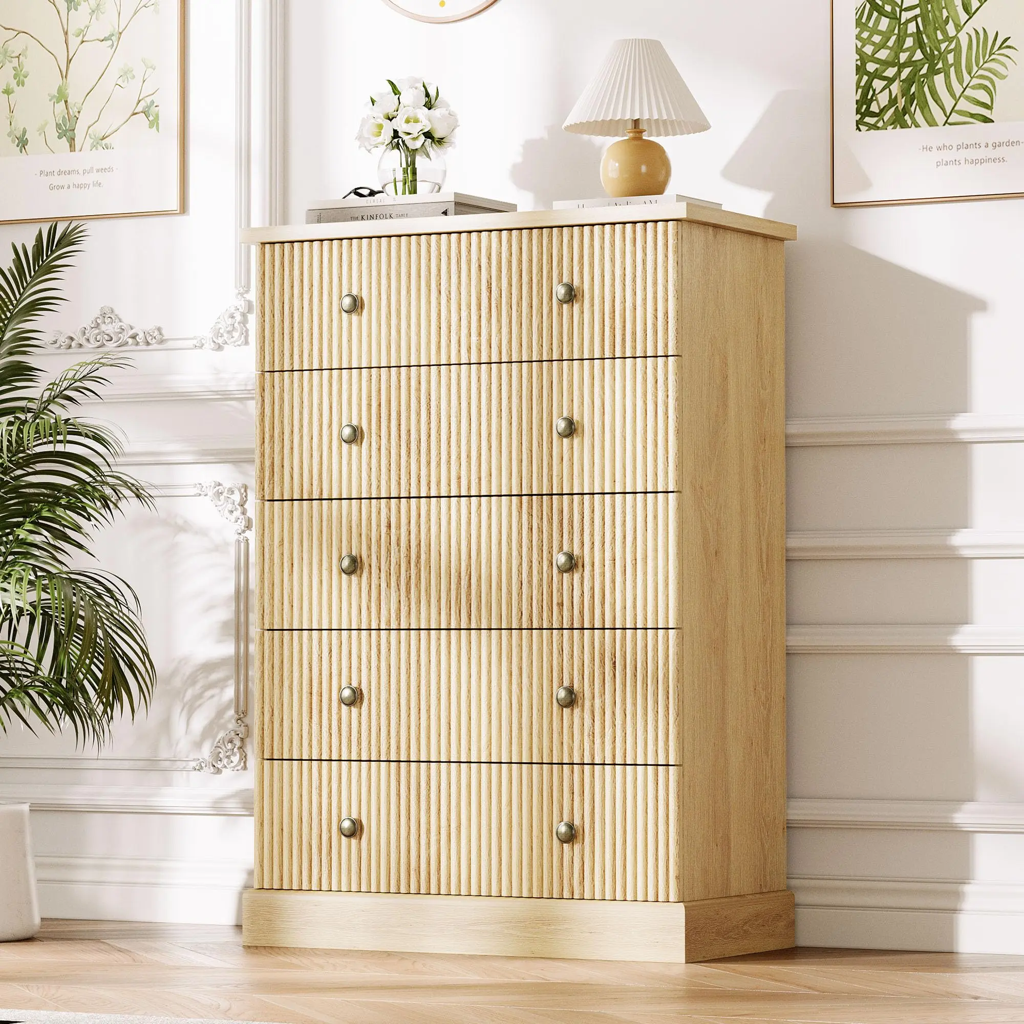 Garvee 5 Drawer Dresser for Bedroom, Tall Vertical Chest of Drawers, Fluted Wood Dresser for Clothing Storage in Small Spaces， Natural