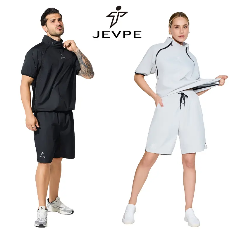 JEVPE Unisex 2-Piece Sauna Suit Set - Fitness Running Tops, Workout Jacket, Activewear Bottoms for Boxing, Gym Training Casual Sports Jersey Track Uniform Activewear Bottoms, Workout Sets, Above The Knee, Short Sleeve, Waterproof, Enhanced Visibility, Fit