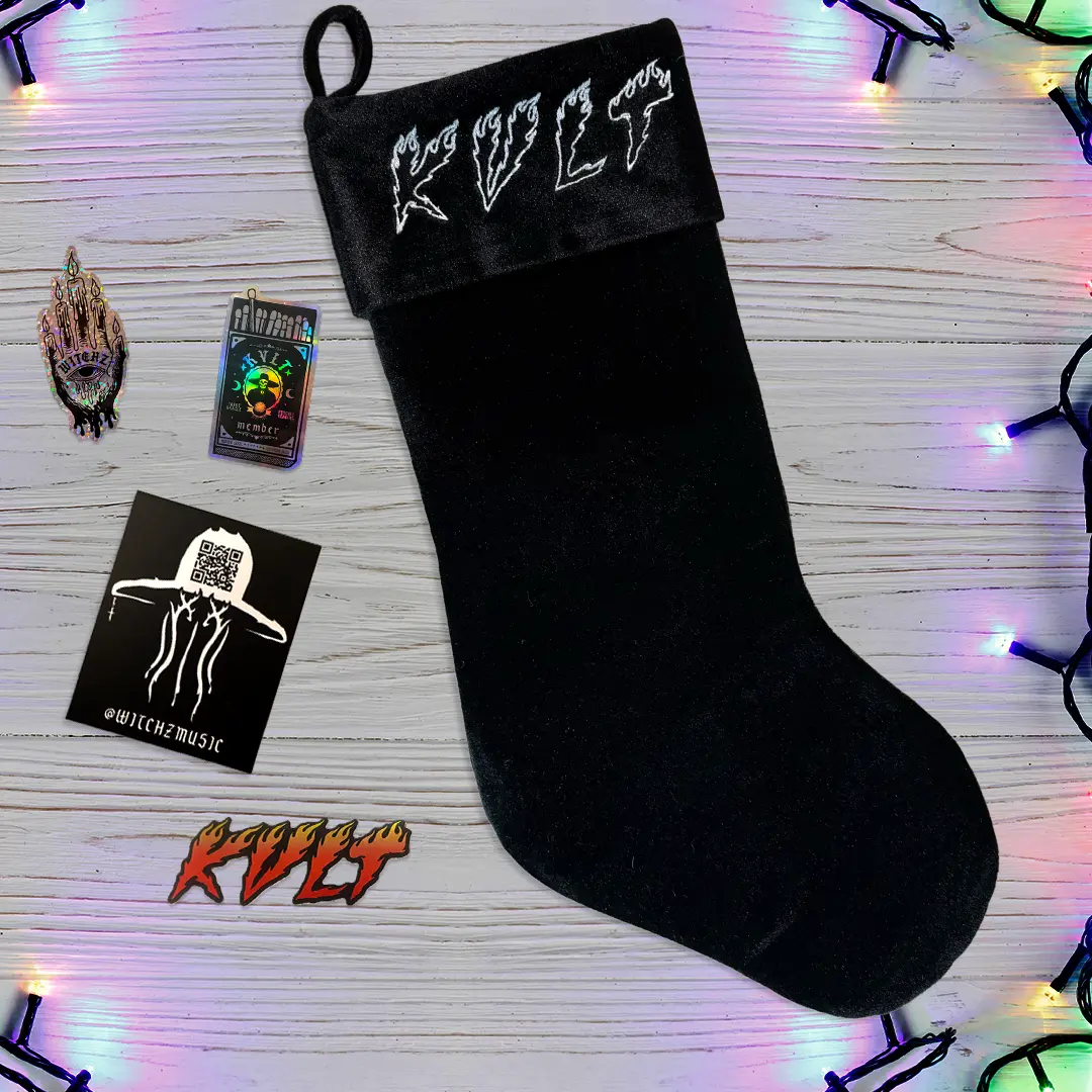 WITCHZ KVLT Black Velvet Holiday Stocking + END of DAZE Holographic Sticker Pack — Gothic Christmas Stocking