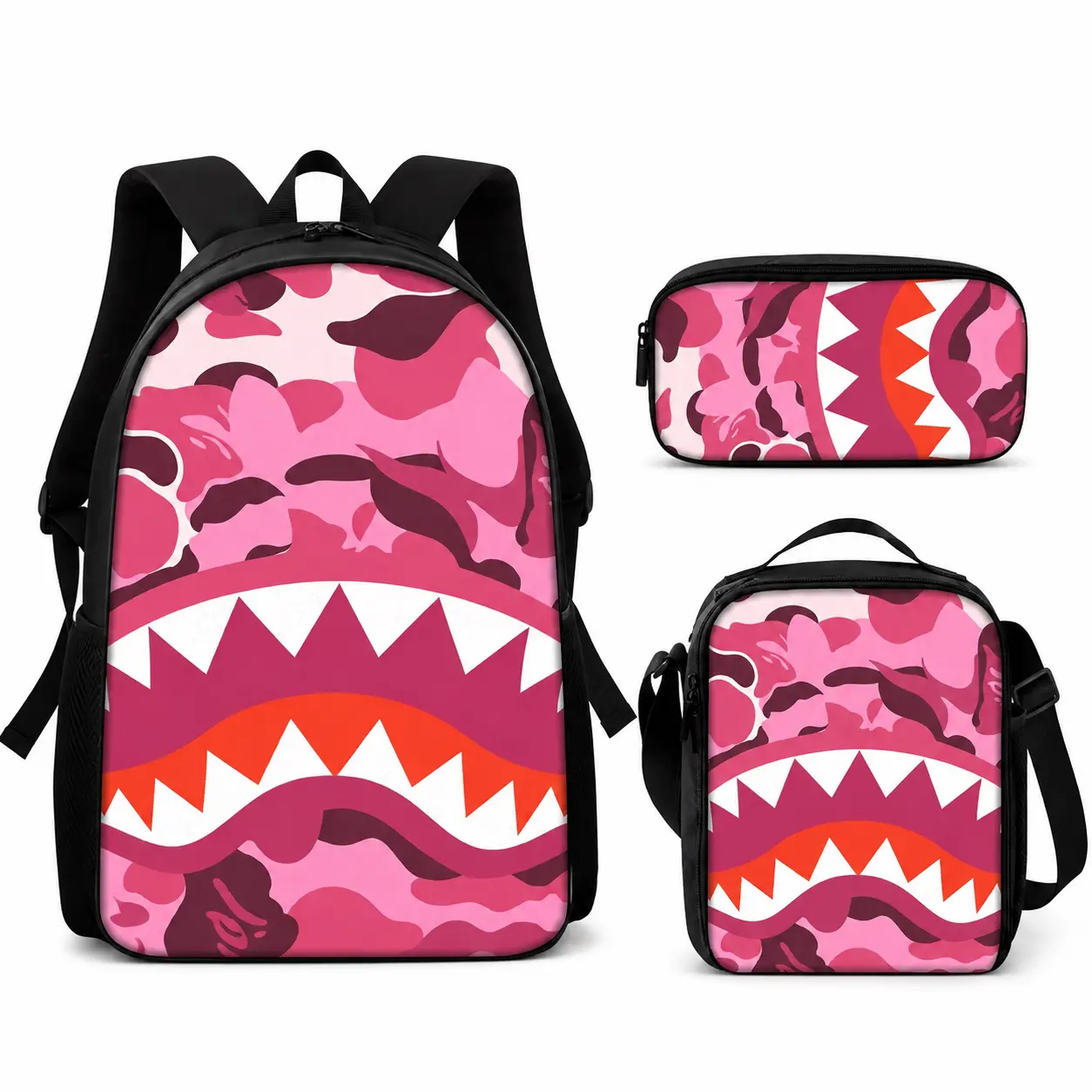 Cool Graphic Shark Pattern Unisex Student Backpack Set | 3Pcs Large Capacity Backpack Matching Messenger Bag Pencil Case | Back to School Gift