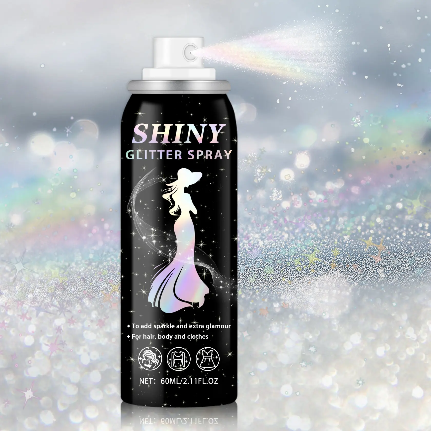 QIUFSSE Christmas Glitter Spray 60ml - Portable Multi-Functional Shimmer for Hair, Body, Clothes & Skin, Festive Sparkle for Party Makeup & NYE Looks