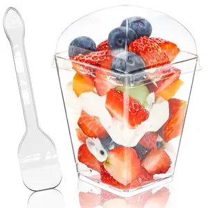 20/50 package 5-ounce square transparent plastic dessert cup with lid and spoon, mini cake cup, yogurt, jelly, snacks, mousse cake cup pudding, Plastic Clear Cups