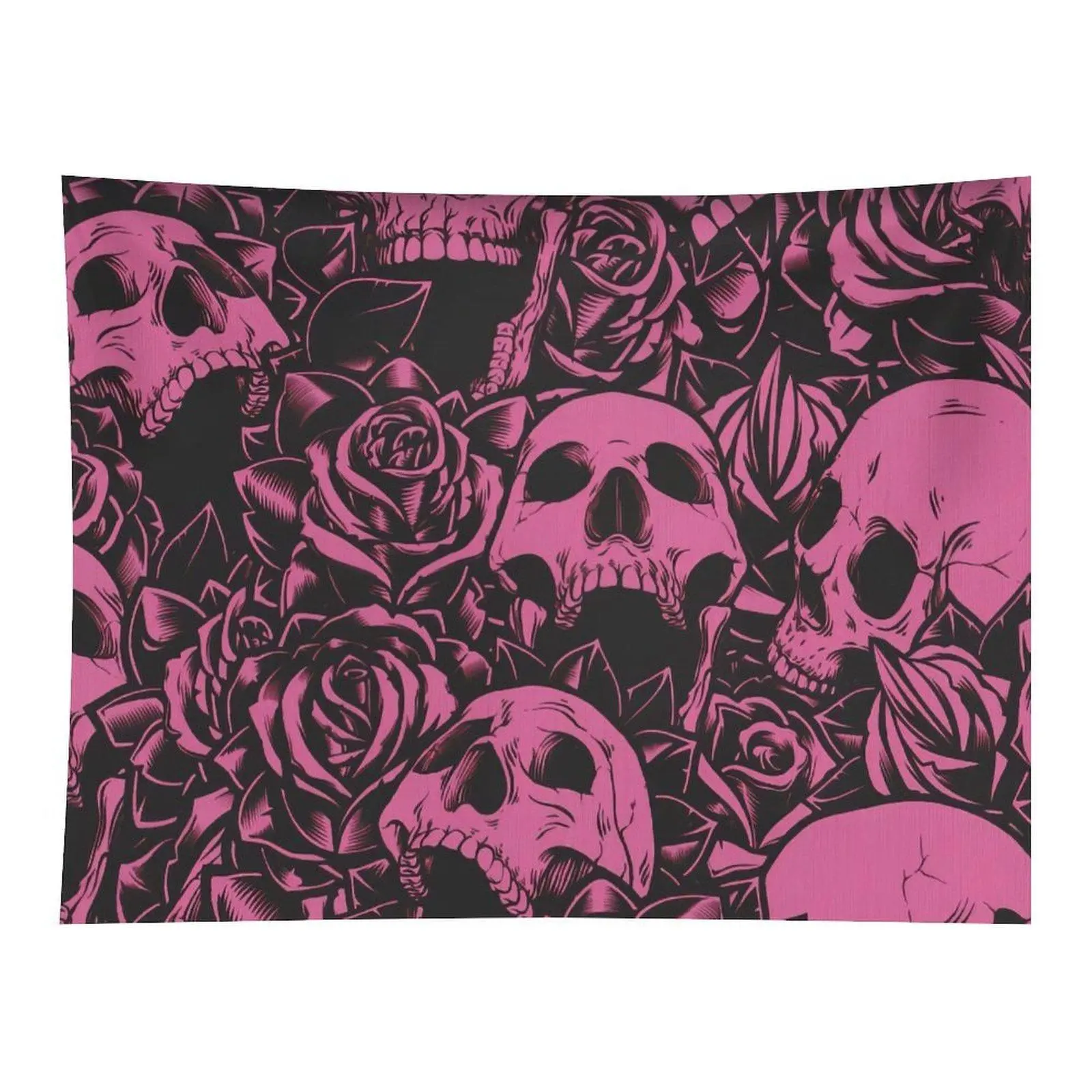 Dark Grunge Gothic Wall Tapestry - Pink-Black Skull Rose Line Art, Edgy Halloween Skeleton Flowers Decor, Moody Teen Girls Dorm Backdrop Wall Hanging
