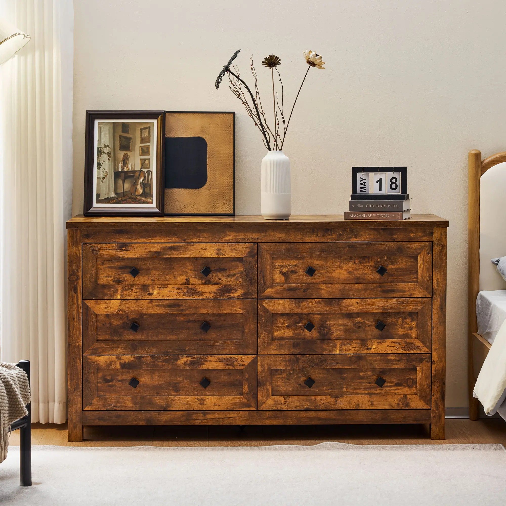 [SummerSale] AMERLIFE 6 Drawers Dresser for Bedroom, Farmhouse Wood Chest of Drawers with Vintage Grain Texture, Drawer Double Dresser for Bedroom, Living Room