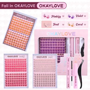 OKAYLOVE Colorful Lash Clusters Kit Frost|Violet|Pinkfy|Coral Lash Extension Kit with Long-lasting Lash Bond and Seal,Tweezers and Remover for DIY Eyelash at Home for  Party for Festival Girl Gifts