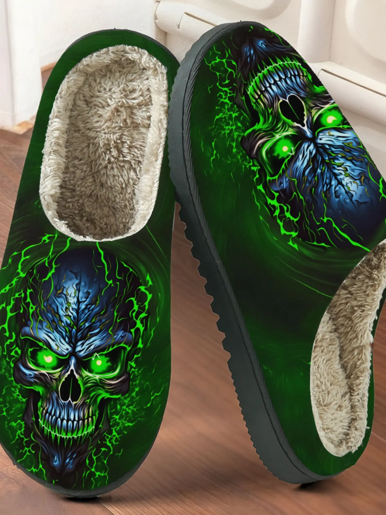 Fluo Skull Dark Printed Cotton House Slippers, Gothic Cool Style, Fuzzy Lined Anti-Slip Thick Sole, Home Use Men Women Fall Winter Warm Shoes