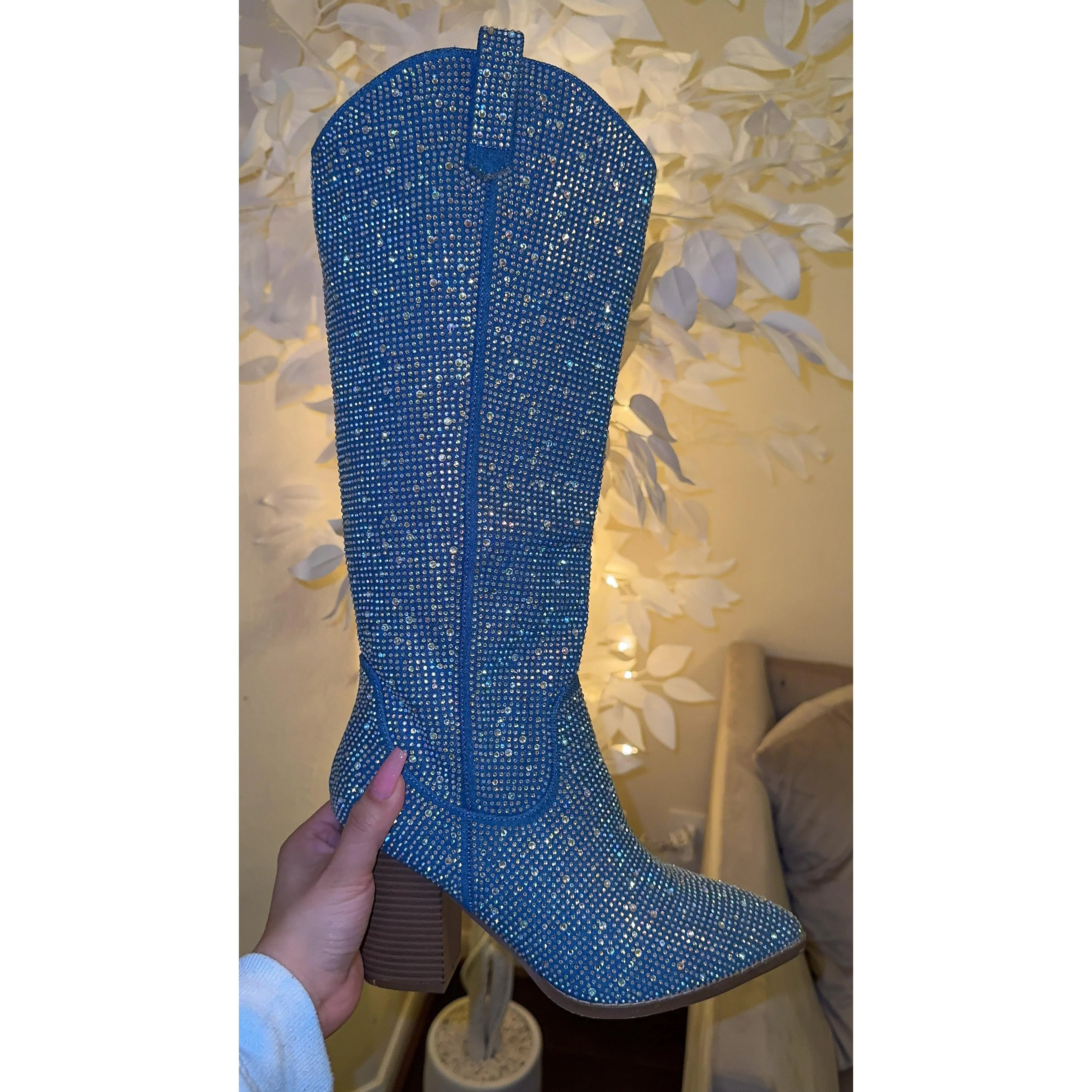 Anahi Rhinestone Western Boots - Blue Denim ( New Color)