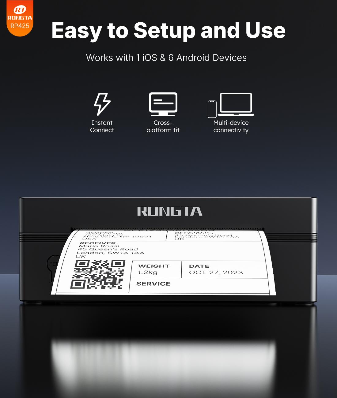 RT  Shipping Label Printer, Bluetooth Wireless Thermal Label Printer, Compatible with iOS, Android, Windows, Mac, Chromebook, Widely Used for Etsy, Ebay, Shopify, USPS Printing Machine