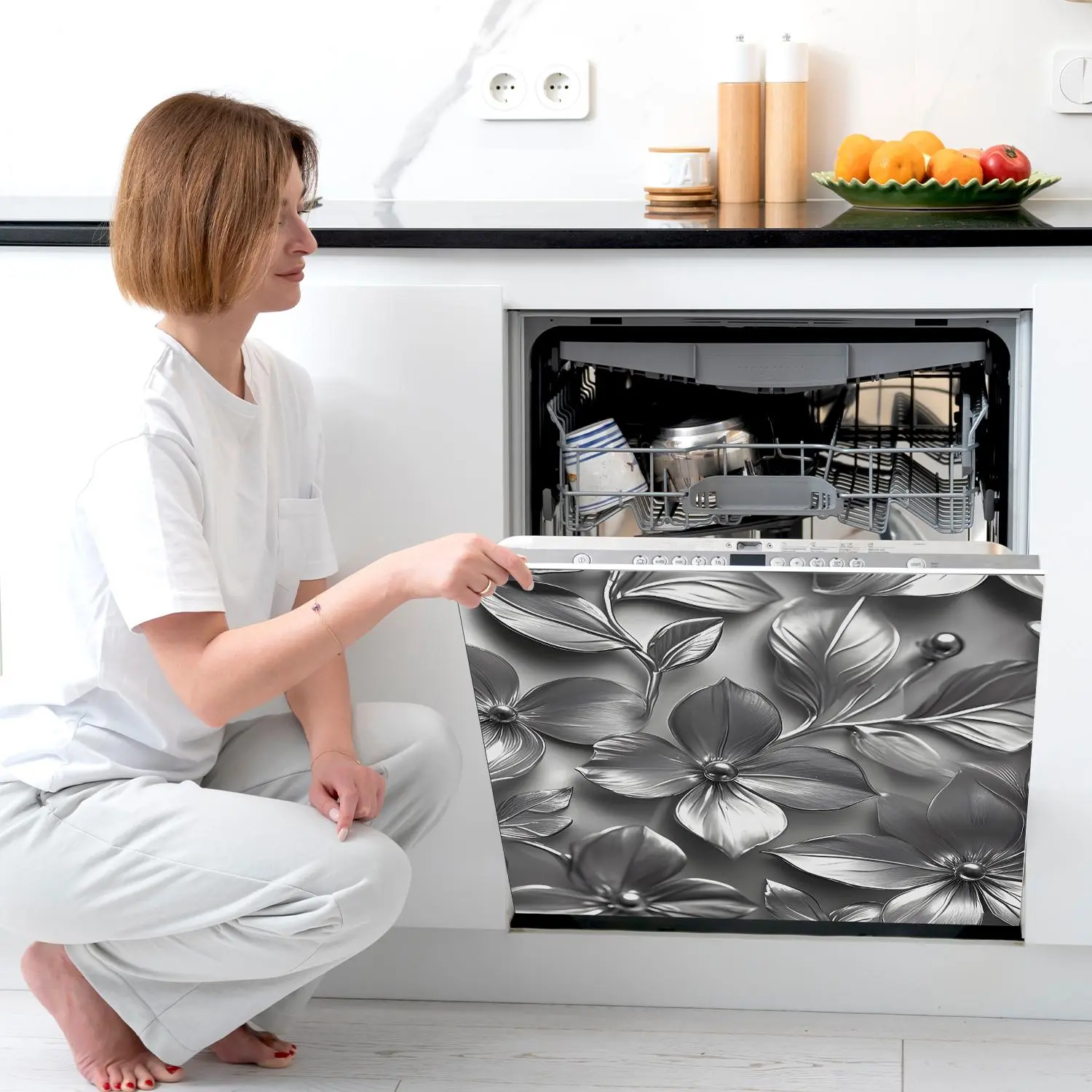 Flower Pattern Magnetic Oven Door Sticker, Reusable Self Adhesive Oven Door Decal, Decorative Sticker for Home Kitchen, Ornaments