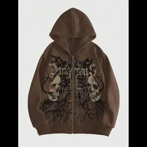 Men’s grunge punk hoodie with skull letter print, zipper closure, long sleeves, school casual, brown