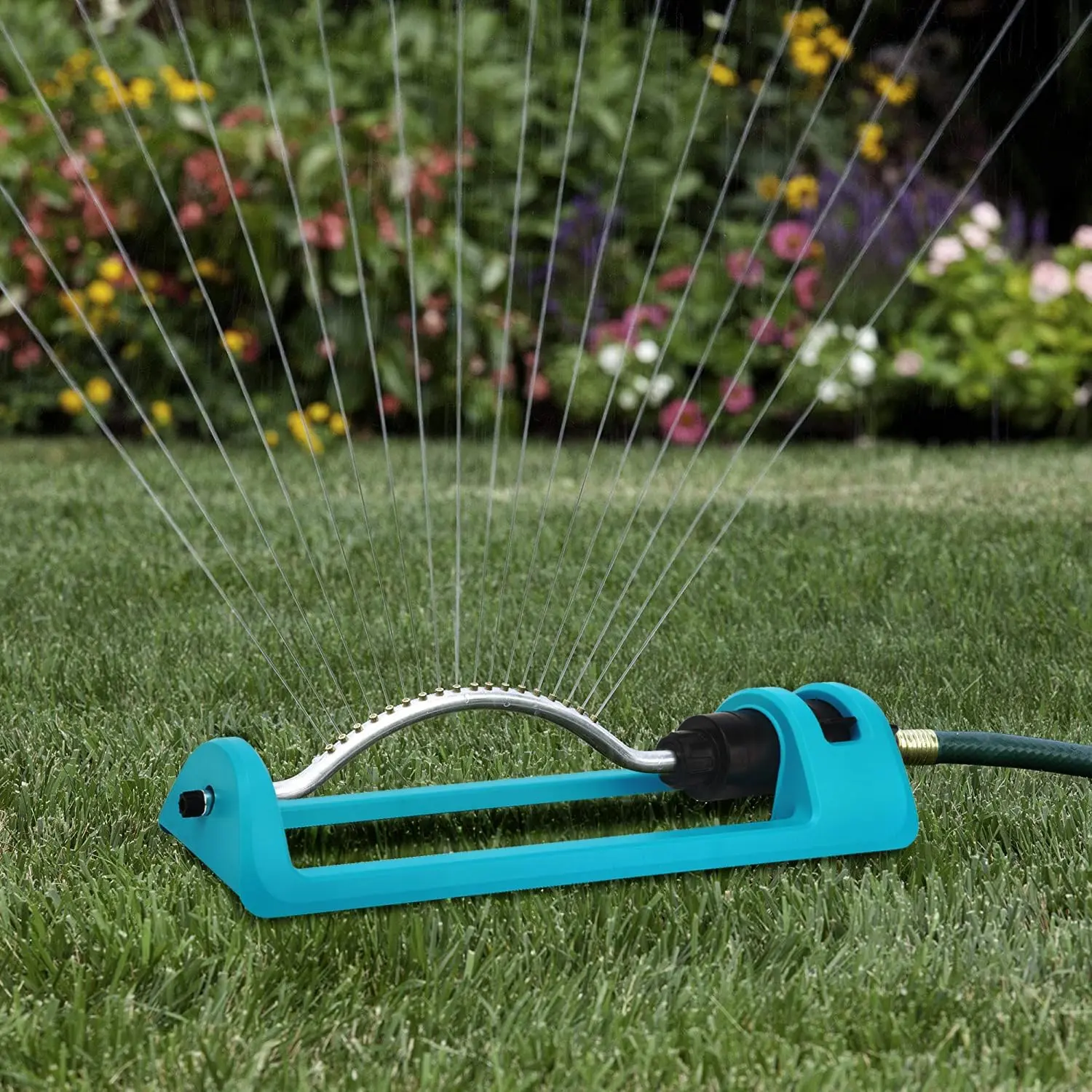 Lawn Sprinkler, Oscillating Sprinkler with 18 Hole Brass Nozzles, Gardening Tool Watering for Lawn & Garden Covers up to 3,600 sq.ft, Nozzle Cleaning Tool Build on the End of the Product, Blue