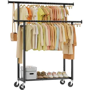 Double Rods Clothing Rack for Hanging Clothes, Metal Garment Rack with Rolling Wheels, Portable Wardrobe Closet Rack for Coat, Ideal for Bedroom Laundry, Black