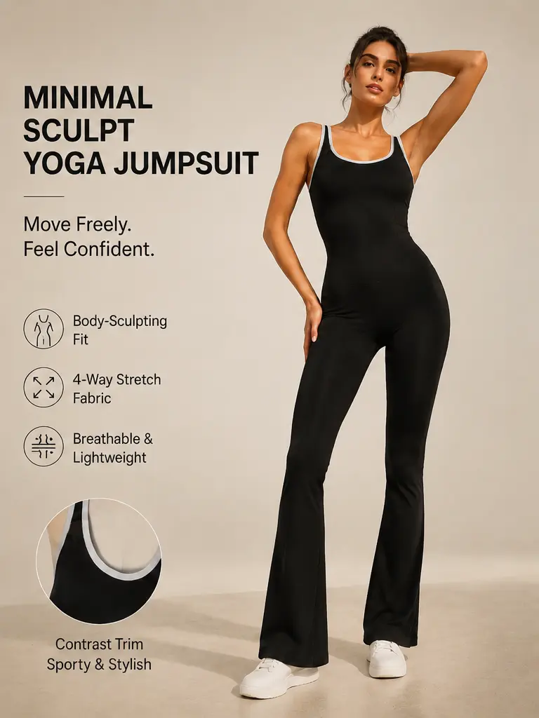 Women's Flare Leg Jumpsuit with Contrast Binding, 4-Way Stretch Tummy Control, Scoop Neck Open Back Design, Smooth Breathable Athletic Gym Wear for Yoga, Women's Clothes, Female, Body-Sculpting