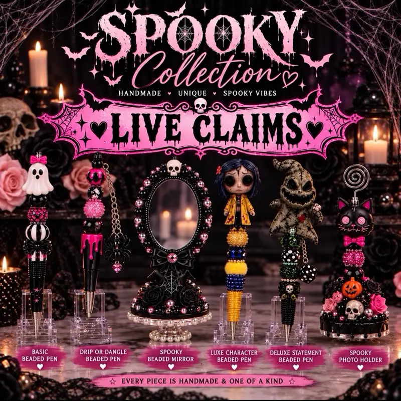 LIVE CLAIM Spooky Beaded Pens & Photo Holders | Handmade Halloween Collection | Drip, Dangle, Luxe & Display Stands
