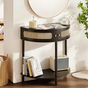 VEVOR Half-moon Rattan Console Table with 2 Drawers, Rattan Entryway Table with Natural Rattan Sliding Door, Console Table with Storage for Living Room, Study, Entryway Or TV Wall, Black