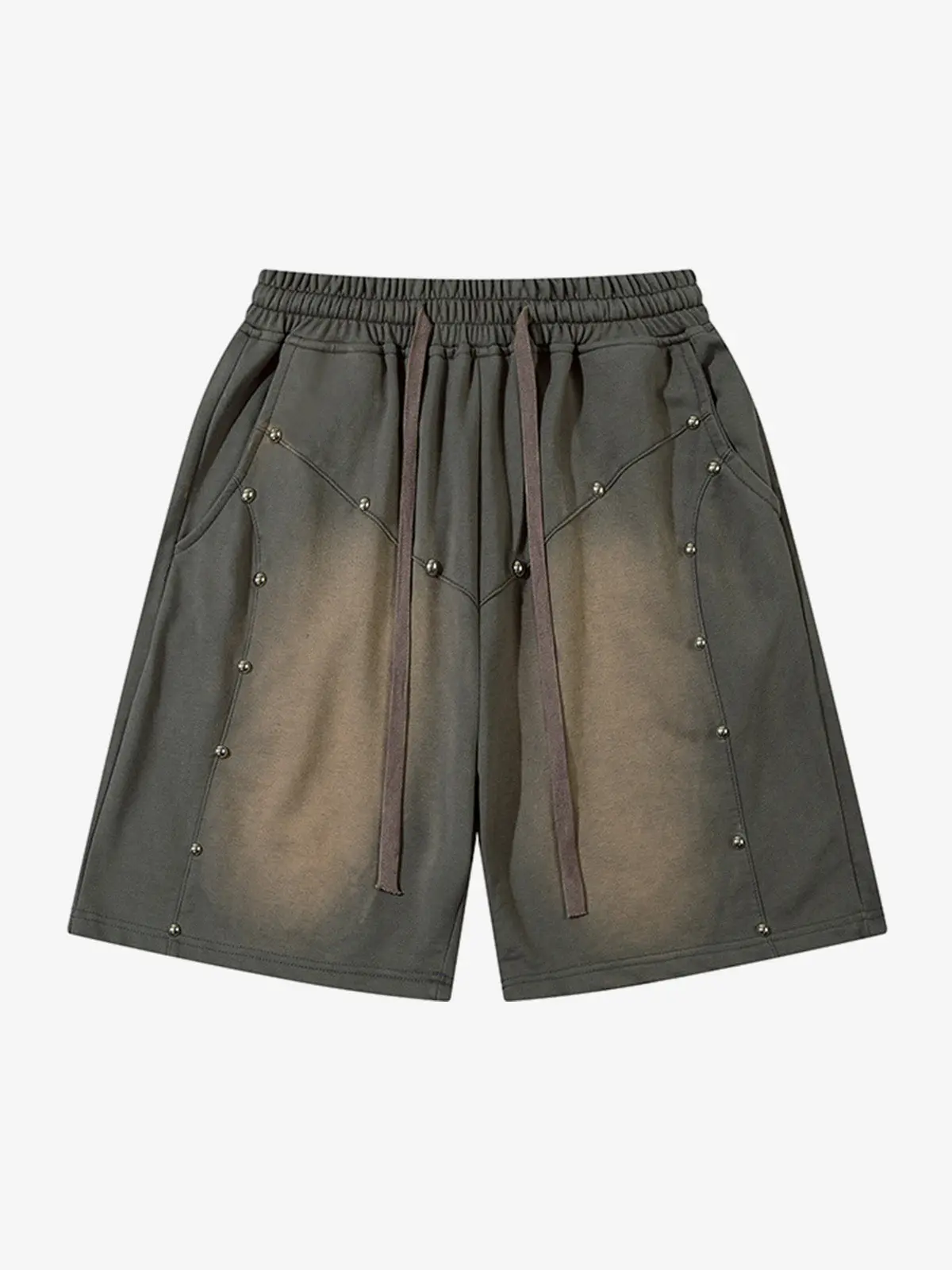 Thesupermade Menswear Acid-Wash Studded Grunge Punk Shorts - Industrial Aesthetic Elastic-Waist Streetwear with Pocket for Men, Women, Fabric, Relaxed Cut, Single Pocket