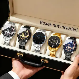 Men's Luxury Watch Set, 5 Multifunctional Quartz Watches, Chronograph, Date Alarm Stopwatch, Case, Strap, Elegant Gift Box