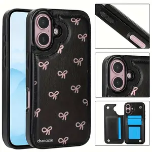 This pink bow-patterned card features a durable TPU construction, includes a card slot, and offers various functionalities for bank and transit cards. It's compatible with iPhone 17, 16, 15, 14, 13, 12, and Samsung models